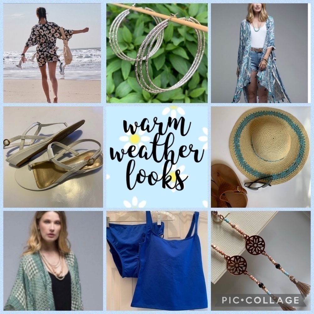 Warm weather looks, vacation wear summer kimono sandals swim sun hat